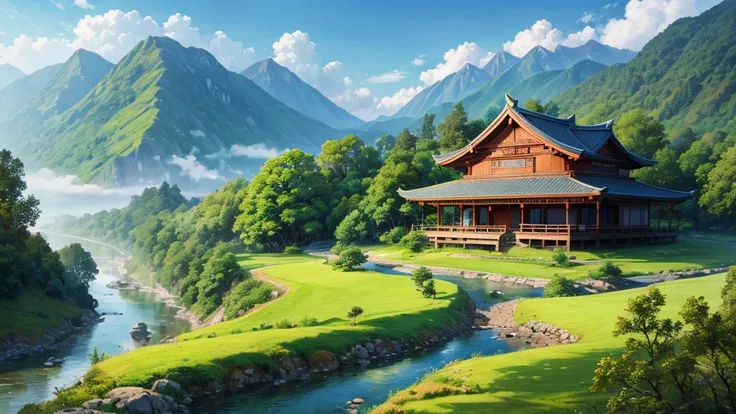 a peaceful landscape, Could be a painting, with a river flowing through the valley and traditional Asian-style houses nestled among lush green nature. The mist-covered mountains lie in the background, and there are birds flying in the sky. The scene is qui...