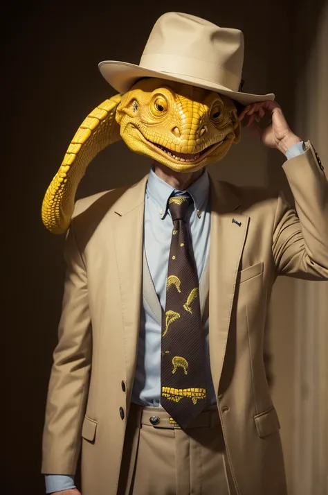 old humanoid with wrinkled face and yellow reptilian eyes, hat suit is tie.