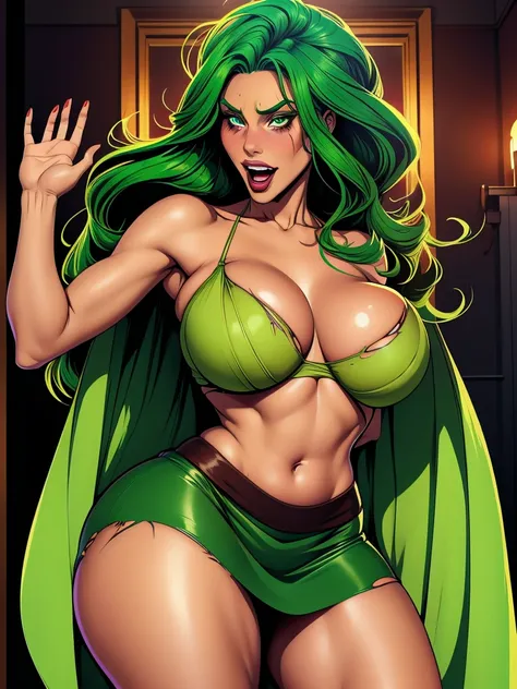 a female who has hazel eyes and green hair. Her true form is that of a tall, fully-grown curvaceous and well-endowed adult with long waving green hair. Notably, she has a scar and the crimson line that runs across her face, and pronounced lower canine teet...