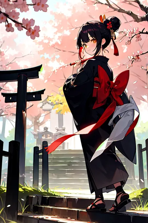 ((masterpiece,best quality)),2girls, black kimono, black legwear, black ribbon, black hair, cherry blossoms, day, flower, hair bun, hair ribbon, japanese clothes, kimono, long hair, looking at viewer, looking back, multiple girls, obi, outdoors, red eyes, ...