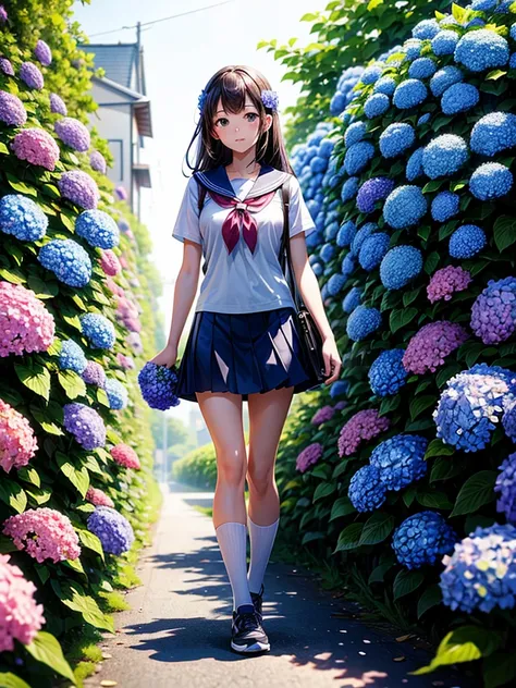 Highest quality,Highest Resolution,A high school girl walking down a road lined with hydrangeas on both sides,