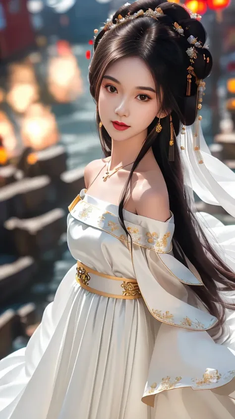 girl in traditional chinese clothing, hanfu, guzhen hanfu women, white hanfu,long straight black hair, black eyes, black bun hai...