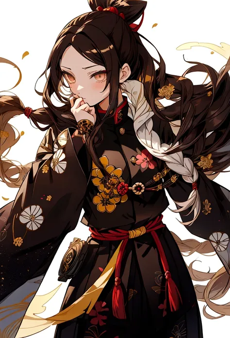 estilo kimetsu no yaiba , Women , long brown hair with white highlights ,gold eyes , with a ying and yang breathing suit and a golden katana