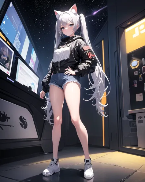 masterpiece, best quality, 1girl, spacecraft interior, spacesuit, big ass, jean shorts, full body, twintails, silver hair, cat ears, looking at viewer,