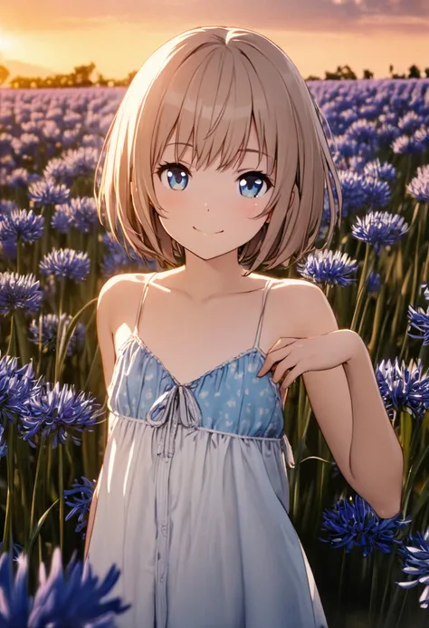 1 girl, 18yo, (flat chest: 1.5), blue eyes, light brown hair, bob cut, early summer outfit, smiling, posing, having fun, upper body, Agapanthus flowers spread across the fields, sunset, 8k, RAW photo, best quality, masterpiece, extremely detailed 8k wallpa...