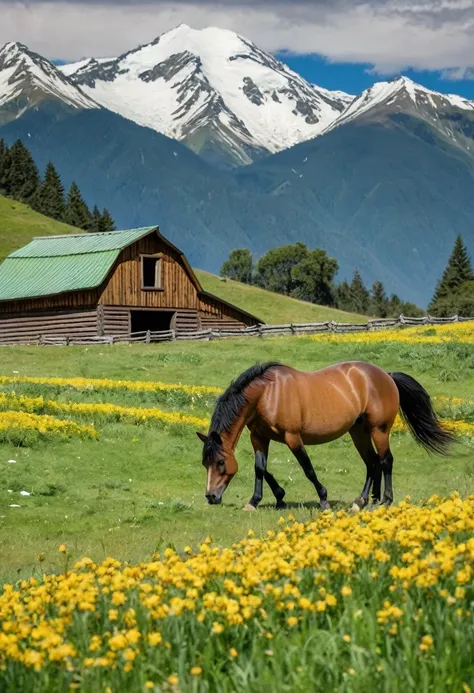 A brown wooden barn with a green roof in a lush green field of yellow flowers. There is a horse grazing in the foreground and snow-capped mountains in the background. The barn is made of wood and has a large door in front. The roof is green and has a sligh...