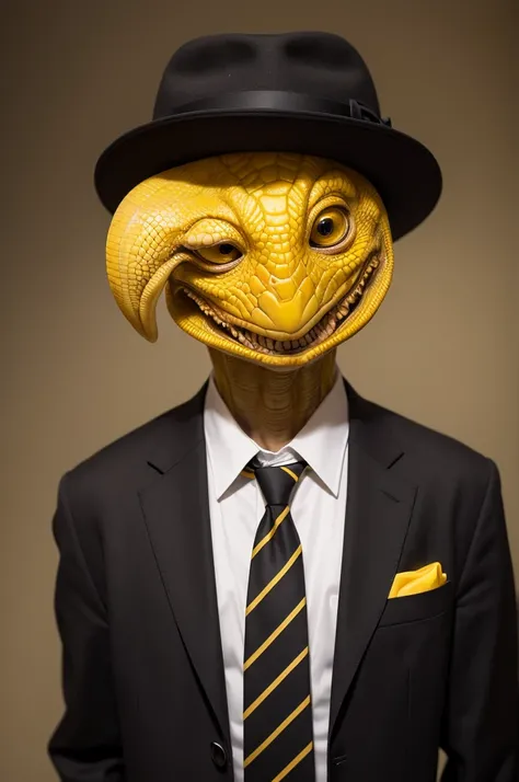 old humanoid with wrinkled face and yellow reptilian eyes, black suit hat and tie.