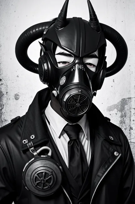 Grammar anime style character, evil looking male with horns and a gas mask in black and white 