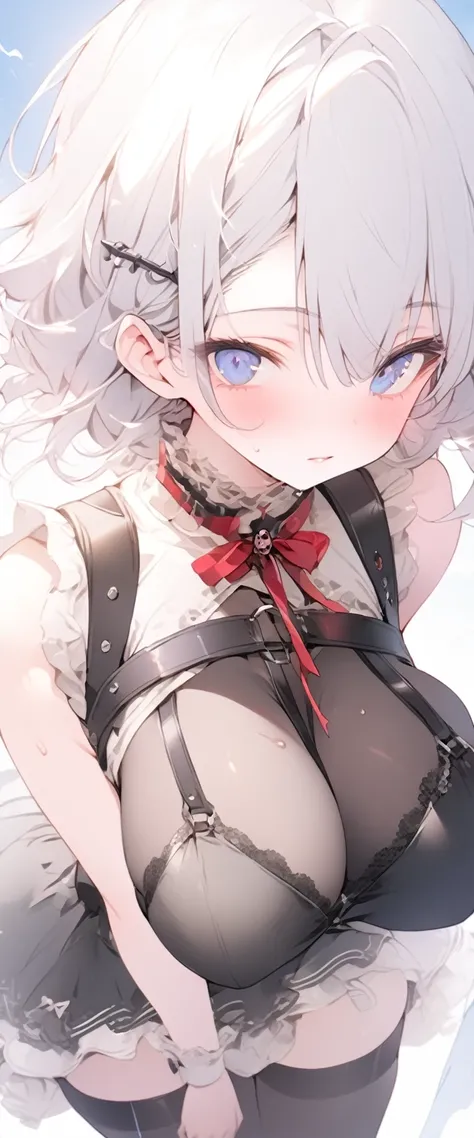 beautiful, masterpiece, Highest quality, anime, One girl, C Cup,Portrait Shot, View your viewers, Covered、Short Hair、nearby、Blue Eyes、art、、White hair,Blue streaked hair、hairpin、Cute Shy、Thighs、Cute、blue sky、Beautiful breasts、Full Harness、valley、Sweat、、Unde...