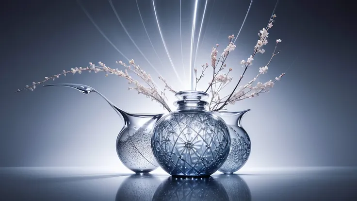 create a hyper realistic image of a perfume bottle, ikebana, shell, pearls fractal design, ultra HD 64k hyperrealism studio lightning light reflection