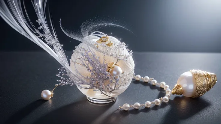 create a hyper realistic image of a perfume bottle, ikebana, shell, pearls fractal design, ultra HD 64k hyperrealism studio lightning light reflection