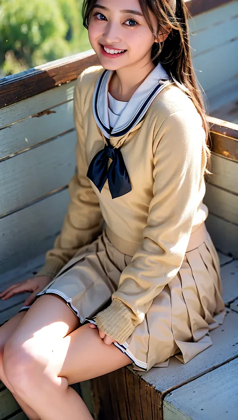 (((cowboy shot))),Ultra-high resolution,big eyes,(brown eyes),Japanese,(forehead),(a girl),(1 girl),((17 years old)),(cute),pretty,((facing at viewer)),grin,(((white school sailor uniform))),pleated skirt,sitting,thighs