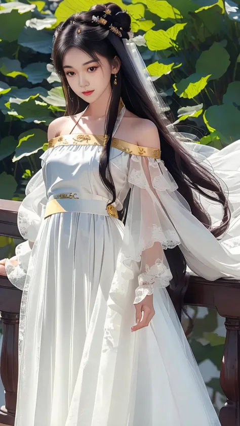 Girl in traditional Chinese clothing, Hanfu, Guzhen Hanfu women, White Hanfu,long straight black hair, black eyes, black bun hairstyle, hair accessories ,white diamond earrings, Bangle Diameter, Dia Necklace, Clear eyes, Facing forward,put on makeup, Long ...