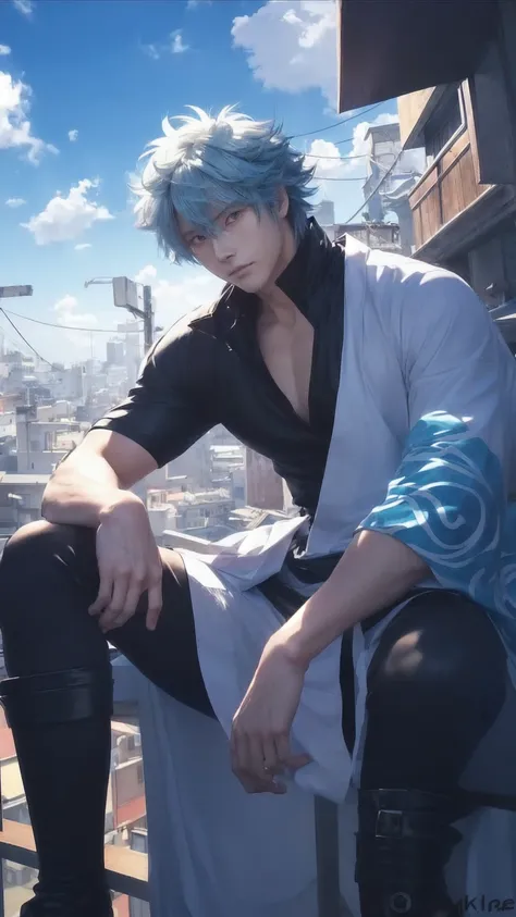 anime guy sitting on a ledge with his feet on the ground, tall anime guy with blue eyes, male anime character, handsome guy in demon slayer art, hijikata toushirou of gintama, handsome anime pose, otaku gangasta, as an anime character, male anime style, ba...