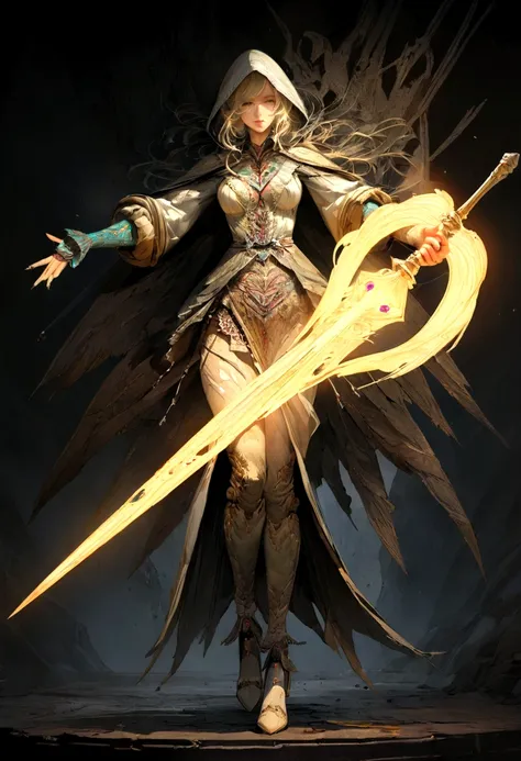 masterpiece, Rogue assassin girl, wearing a hood, blonde hair, shrouded in shadows, holding a flaming dagger in each hand, vibrant glowing abyssal colors, entirely in frame, FULL BODY, radiating electrical energy, shoulder length messy hair, Full body, Bea...