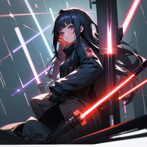 Cute Sumurai girl,bule eyes,black long hair,look at the viewer, light saber,cyber punk backgrounds.