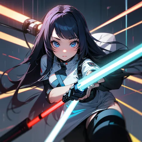 Cute Sumurai girl,bule eyes,black long hair,look at the viewer, light saber,cyber punk backgrounds.