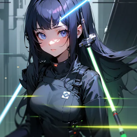 Cute Sumurai girl,bule eyes,black long hair,look at the viewer, light saber,cyber punk backgrounds.