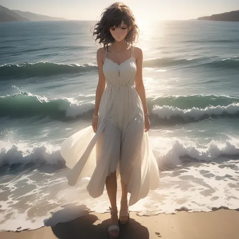 (best quality, 8k, masterpiece, highres, ultra-detailed), photorealistic, Tsukasa Hojo style, woman, white sundress, sandals, wavy hair, sunglasses, standing, beach, ocean background, delicate features, soft shadows, tranquil expression, subtle details, no...