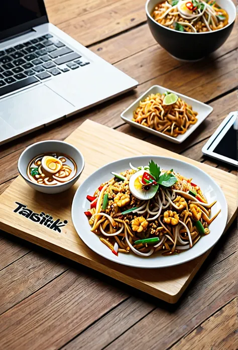 Futuristik mouse for computer,screen print with thai food patern.namely pad thai. higly detailed, wooden table.