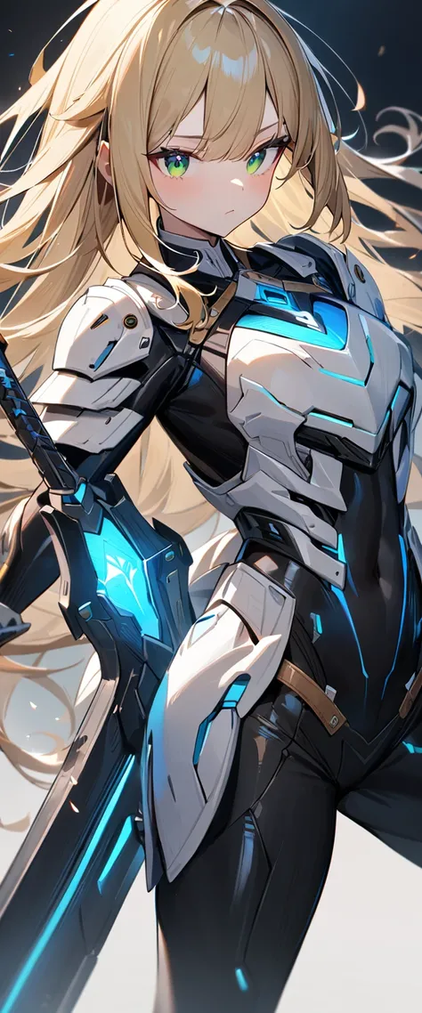 1girl,original, solo,black bodysuit,white armor,mechanical sword,blue glowing body,blonde long hair,green eyes,simple details,perfect anatomy,best quality, 