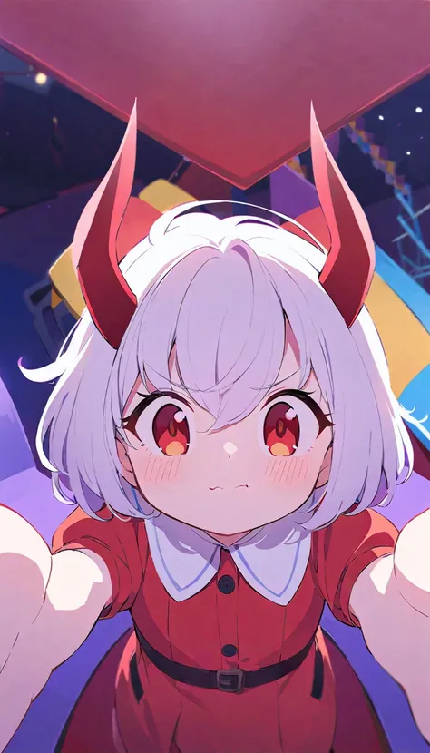 Teenage girl, devil girl, small red horns, white hair, short fluffy hair, big red eyes, pale skin, blushing cheeks, in a , red dress, in the divertion park, night