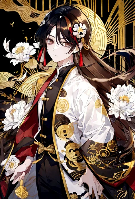 estilo kimetsu no yaiba , Boy , long brown hair with white highlights ,gold eyes , with a yin and yang breathing suit , breathing of light and darkness