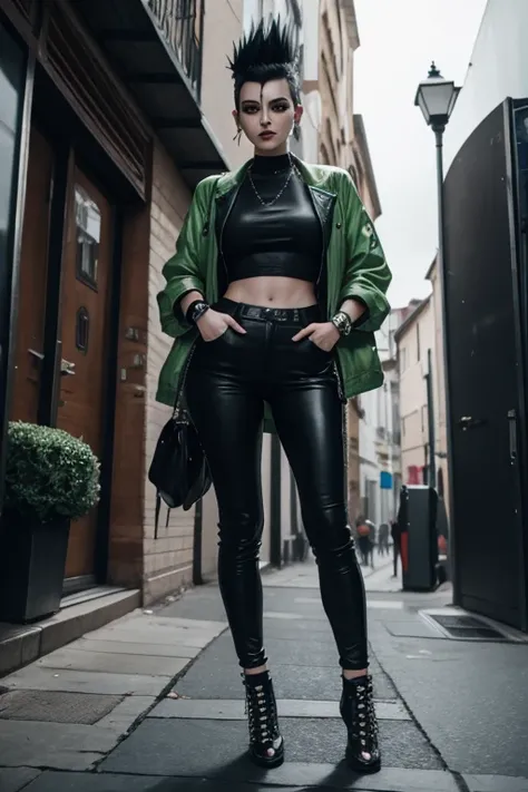 thin and athletic Italian woman in her early twenties, pale skin, goth, cyberpunk theme, black lipstick, makeup, punk hair, tall spiked hair, very tall spiked hair, hair dyed green, bikiniarmor_leco, micro bikini