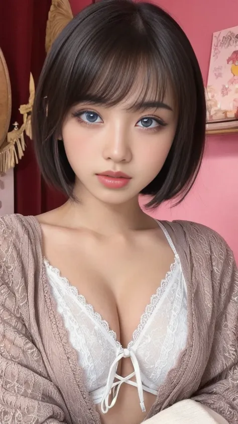 (Sexual climax:1.75),(ecstasy:1.75)short hair,Part-time job at a bar,(Wearing laced negurije:2.0),16 year-old,(Ultra cute Japan girl:1.5),(Detailed face,ultradetailed eyes,Beautiful eyes,symmetry eyes:2.0),Natural Makeup,smile,open mouth