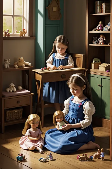 Illustration for a fairy tale about a girl, who plays with dolls in the children&#39;s room