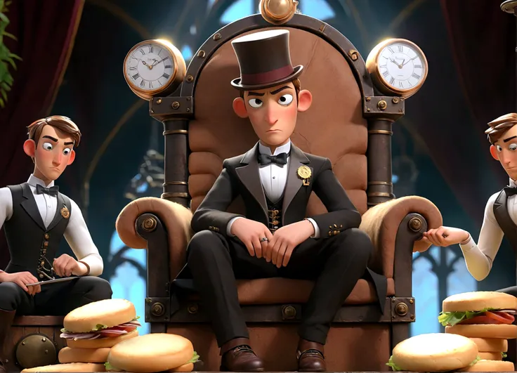 A steam punk throne of leadership, attended to by several (clockwork, steam powered, fake men). A young man in a tuxedo sits on the throne and dines on fancy sandwiches
