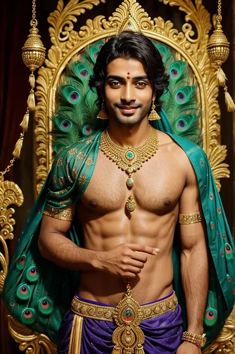 Solely devote, lord Krishna, princely, absolutely stunning, beautiful innocent smile, handsome, lots of peacock feathers tied on the tied, golden jewellery