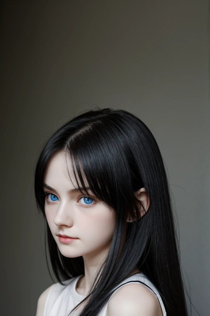 Girl with straight black hair, blue eyes, almost pale skin, medium and thin height, cold appearance 