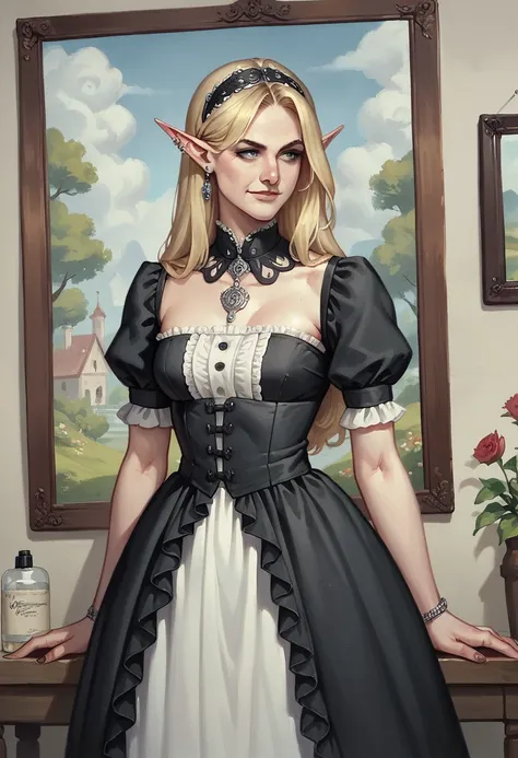 score_9, score_8_up, score_7_up, score_6_up,source_anime, anime 2d, a stunning blonde elf, closeup, elxfanning, conceptual artwork, High aboveper body view, gothic art, oil painting, Traditional media, wearing a humble peasant dress, looking to the side, s...