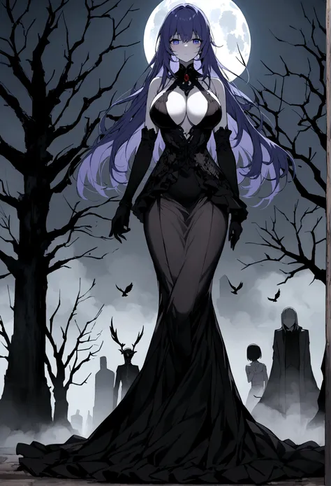 A beautiful anime-style girl with long, purple-blue hair、Blue Eyes、Transparent hair、Face of Sadness、Sad beautiful girl、A beautiful girl with a well-balanced and glamorous body、Big Breasts、A beautiful immoral girl in a provocative black and grey dress、Pale ...