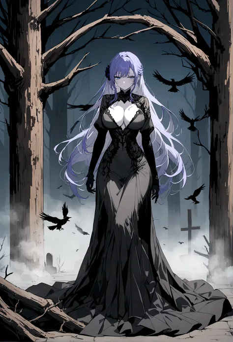 A beautiful anime-style girl with long, purple-blue hair、Blue Eyes、Transparent hair、Face of Sadness、Sad beautiful girl、A beautiful girl with a well-balanced and glamorous body、Big Breasts、A beautiful immoral girl in a provocative black and grey dress、Pale ...