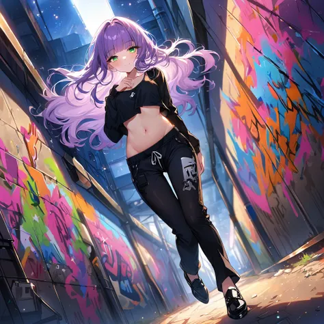 a masterpiece, beautiful eyes, a beautiful face, beautiful depiction, details, solid blue Skyscrapers background, ultra detailed, 8K, pale-purple hair, a dynamic angle, wavy hair blowing in the wind, blunt bangs hair, black and green eyes, A black tank top...