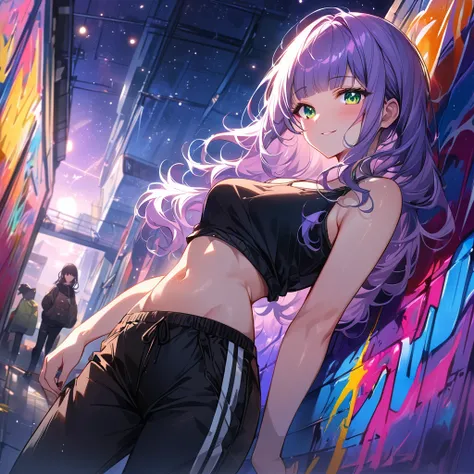 a masterpiece, beautiful eyes, a beautiful face, beautiful depiction, details, solid blue Skyscrapers background, ultra detailed, 8K, pale-purple hair, a dynamic angle, wavy hair blowing in the wind, blunt bangs hair, black and green eyes, A black tank top...