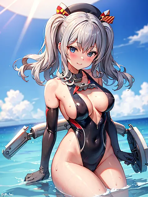 ((Kantai Collection, kancolle, Kashima)), (large breasts), breast bags, slightly slanted eyes, long black thin latex gloves, long black thin latex knee-high socks, blue competition swimsuit, wrinkled swimsuit, tight swimsuit, swimsuit reflecting light, wet...