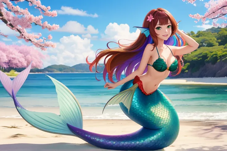 masterpiece, best quality:1.2), 1girl, smile, looking at viewer, green eyes, short brown multicolored hair, mermaid, mermaid girl, wearing purple seashell bra, laying on beach, colorful mermaid tail, outdoors, head fins, fin ears, under cherry blossoms