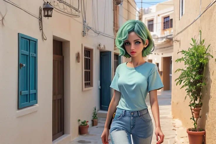 High resolution,high quality,(Perfect body),The streets of Oia,Walking Girl,Short Hair,Green Hair,Golden Eyes,Light blue T-shirt,Denim pants