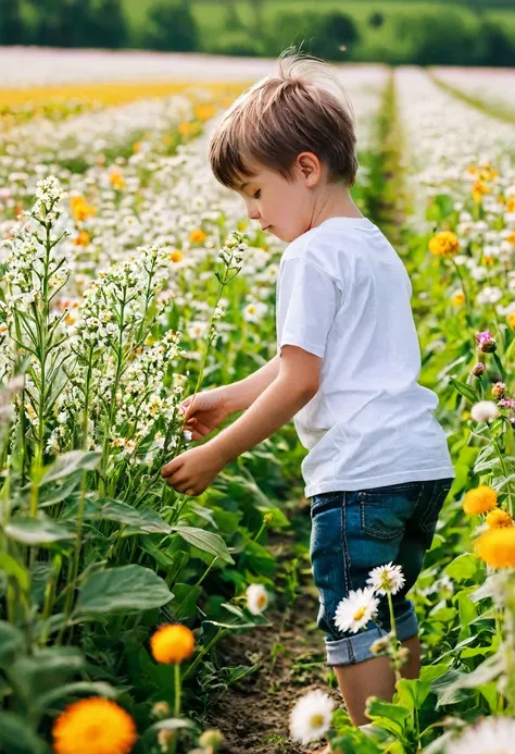 boy in a white T-shirt picking flowers in a field , Best quality