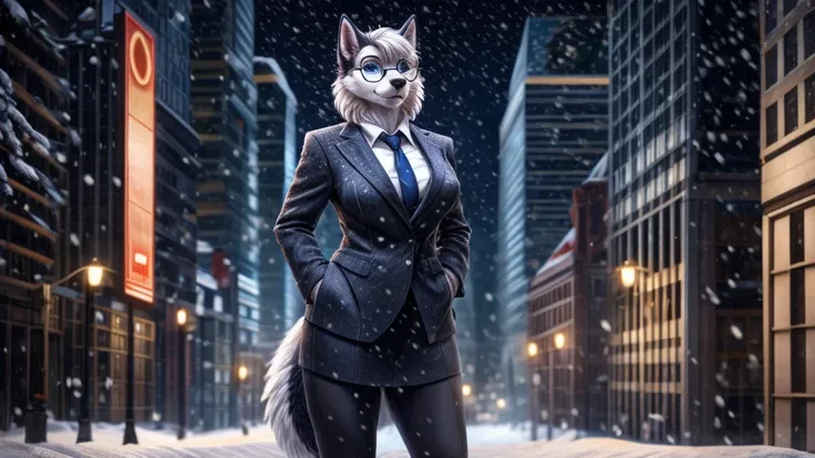 A russian female siberian husky, anthro, blue eyes, silky fluffy soft short white hair, round glasses, business outfit, mature adult, milf, standing, snowing, city, detailed, solo, beautiful, high quality, 4K