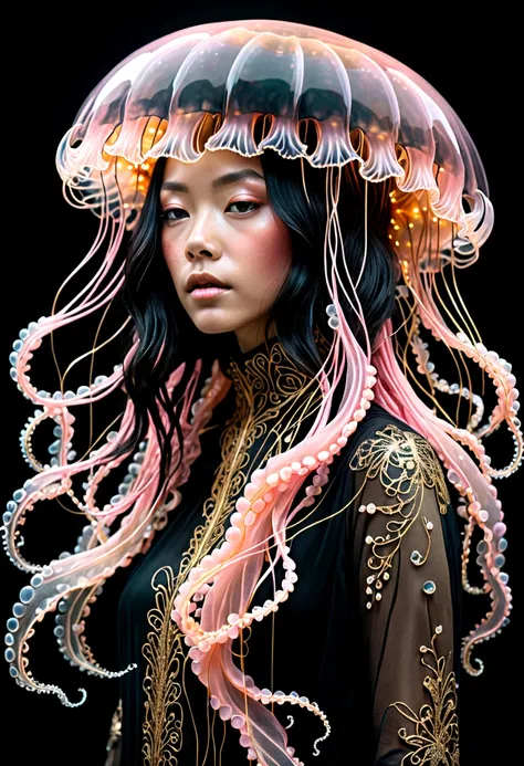 photo RAW, (Black and pink : Portrait of a ghostly jellyfish, shiny aura, highly detailed, gold filigree, intricate motifs, organic tracery, by Android jones, Januz Miralles, Hikari Shimoda, glowing stardust by W. Zelmer, perfect composition, smooth, sharp...