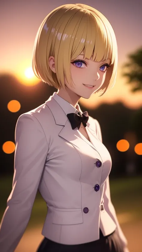 1 Girl、8K、Sharp focus、(Bokeh) (Highest quality) (Detailed skin:1.3) (Intricate details) (anime)、(blonde)、short hair、Bobcut、Blunt bangs、Beautiful purple eyes、Slender body、White shirt、Black mini skirt、Black Fitted Blazer、profile、Calm face、Mouth closed、Cheeky...