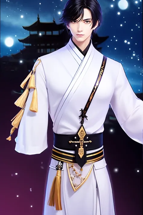 a man in a white robe, young and handsome man, ponytail, waist-length hair, ancient chinese clothing, qi, a huge saber, ancient ...