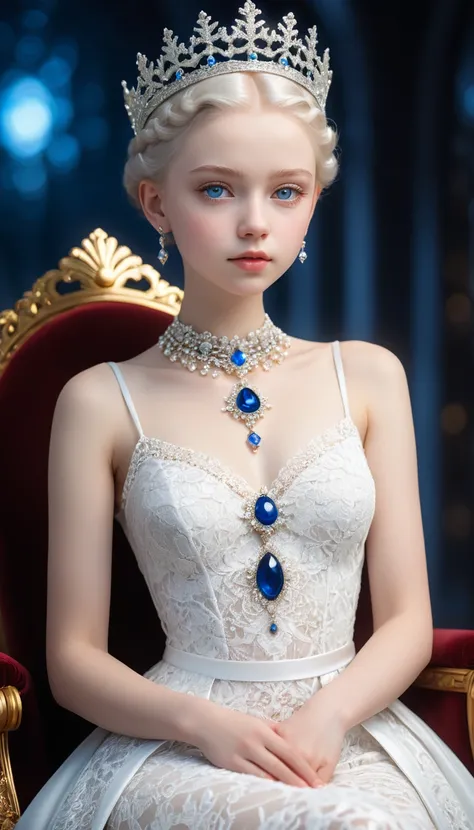 (wide angle),((Bokeh:1.5)),((Soft focus:1.5)),, young queen, sitting on the majestic throne, highly detailed majestic throne, stunning beautiful young albino girl,14 years old, alabaster skin, very short brown hair,((Slicked back hair)),(head chain with je...