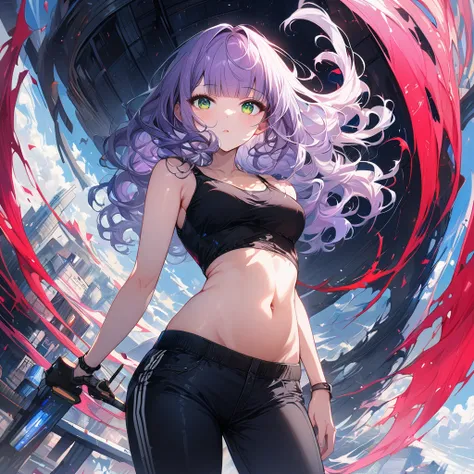 a masterpiece, beautiful eyes, a beautiful face, beautiful depiction, details, solid blue Skyscrapers background, ultra detailed, 8K, pale-purple hair, a dynamic angle, wavy hair blowing in the wind, blunt bangs hair, black and green eyes, A black tank top...