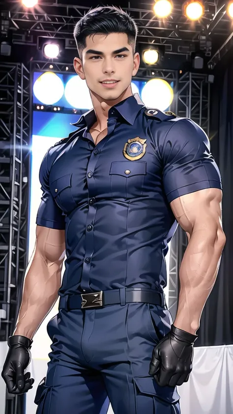 handsome man,(crew cut short hair:1.2),black eye,smile,open mouth (navy police uniform and t-shirt:1.2),(open shirt short sleeves:1.2),collar,(shirt covered over:1.2),(name tag and Police badge:1.2),(shirt no buttons:1.1),(black_gloves:1.3), (Navy blue car...