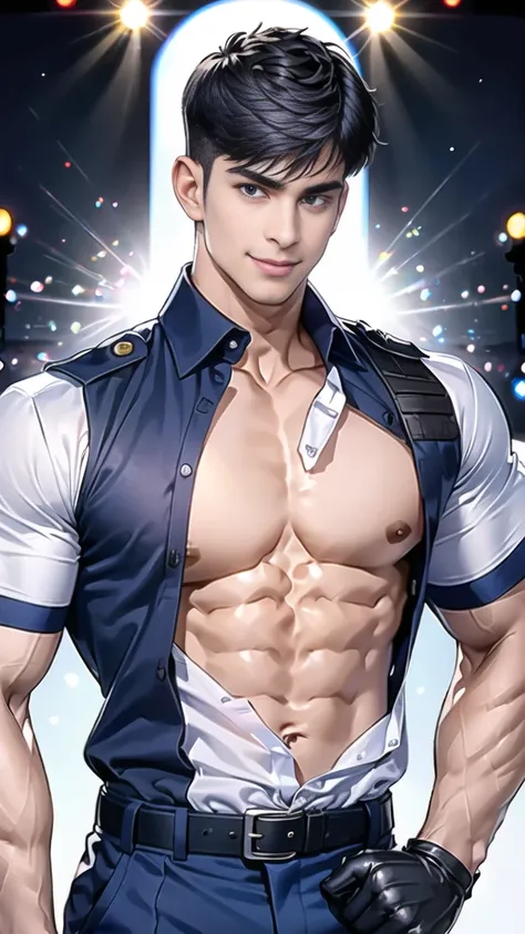 handsome man,(crew cut short hair:1.2),black eye,smile,open mouth (navy police uniform and t-shirt:1.2),(open shirt short sleeves:1.2),collar,(shirt covered over:1.2),(name tag and Police badge:1.2),(shirt no buttons:1.1),(black_gloves:1.3), (Navy blue car...